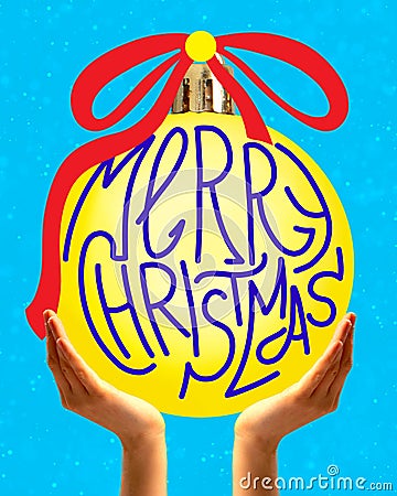 Poster. Contemporary art collage. Modern creative artwork. Human, female hands holding Christmas toy, ball with Stock Photo