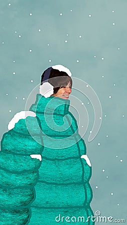 Poster. Contemporary art collage. Modern creative artwork. Pretty young woman dressed in huge warm jacket, earmuffs and Stock Photo