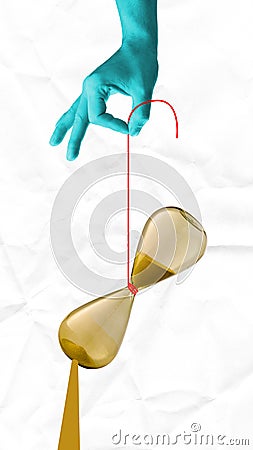 Poster. Contemporary art collage. One blue hand holding clock, hourglass against crumpled paper background. Stock Photo