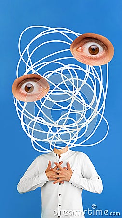 Poster. Contemporary art collage. Person with confused thoughts and views on life lost head and only watches with Stock Photo