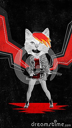 Poster. Contemporary art collage. Poster. Contemporary art collage. Crazy rock star, cat-headed man playing electric Stock Photo