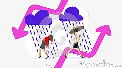 Poster. Contemporary art collage. Two young woman with different mindset have different result of work. Success Stock Photo