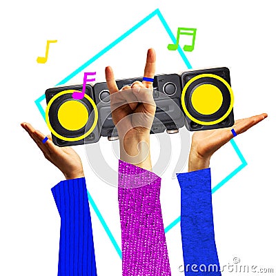 Poster. Contemporary art collage. Unrecognizable people, dancing to music from vintage audio tape recorder. Stock Photo