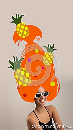 Poster. Contemporary art collage. Woman in sunglasses with dreams in her long drawn orange in shape of tropical fruit Stock Photo