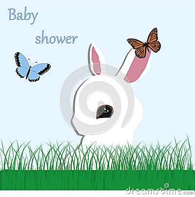 Poster cute baby Bunny on the grass and butterflies on a blue ba Vector Illustration