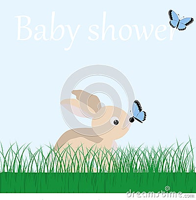 Poster cute baby Bunny on the grass and butterflies on a blue ba Vector Illustration