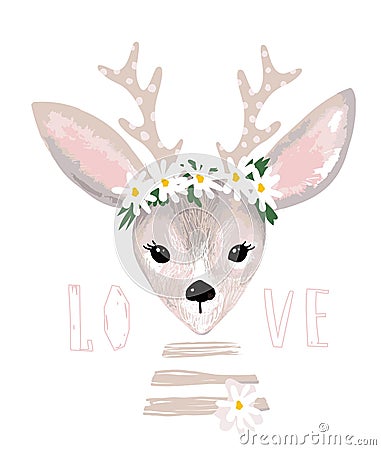 Poster with a cute deer with a wreath of daisies on his head. Delicate postcard with a deer, clip-art for design of nursery, baby Cartoon Illustration
