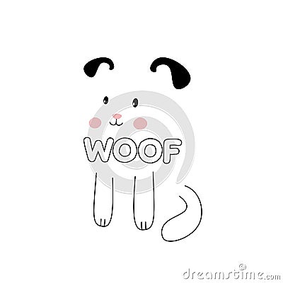 Poster cute dog on a isolated white background and the inscription, woof. Vector Illustration