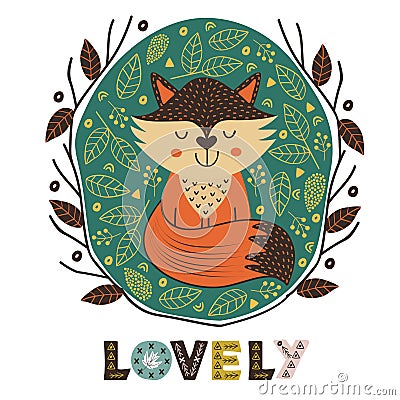 Poster cute fox in Scandinavian style Vector Illustration
