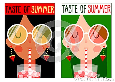 Poster of cute girls enjoying watermelon drink. Vector Illustration