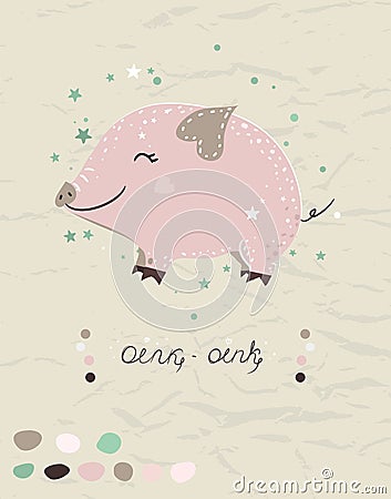 Poster with cute mini pig in pastel colors. Vector illustration. Vector Illustration