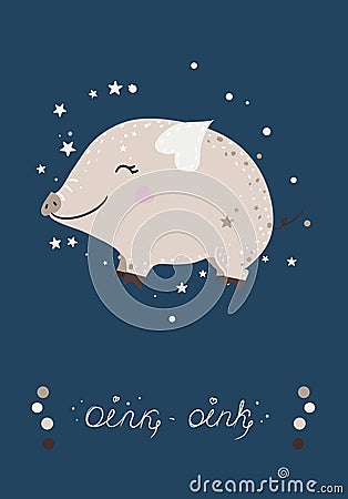 Poster with cute mini pig and stars. Vector illustration. Vector Illustration