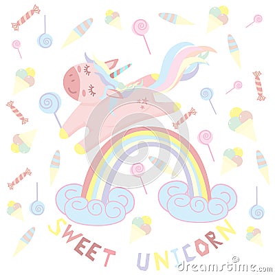 Unicorn on a rainbow with candy - vector illustration, eps Vector Illustration