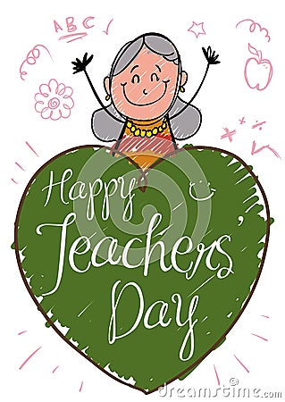 Senior Female Educator over Heart and Doodles for Teachers` Day, Vector Illustration Vector Illustration