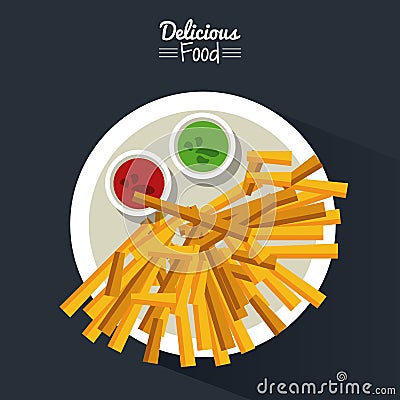 Poster delicious food in black background with dish of fries with sauces Vector Illustration