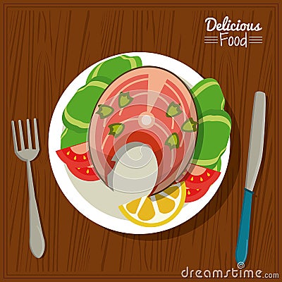 Poster delicious food in kitchen table background and cutlery with dish of fish and vegetables Vector Illustration