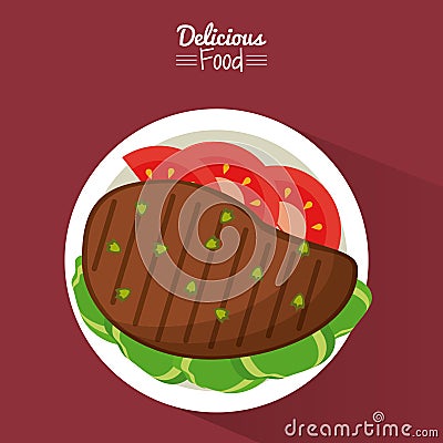 Poster delicious food in purple background with dish of grilled meat with vegetables Vector Illustration