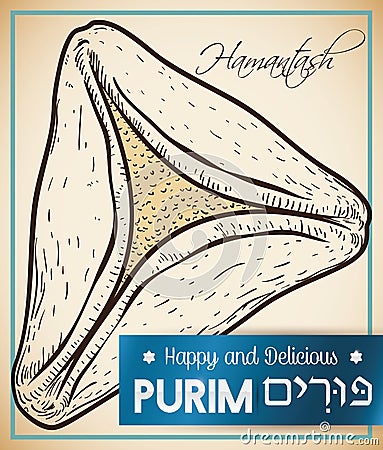 Delicious Hamantash in Hand Drawn Style and Label for Purim, Vector Illustration Vector Illustration