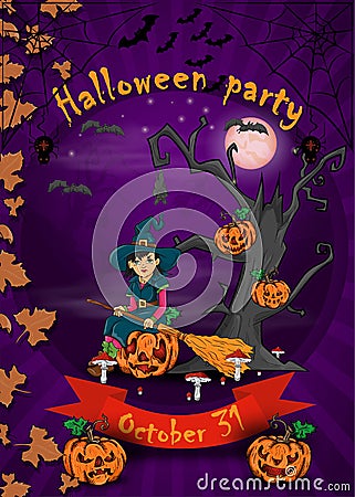 Poster design for all Hallows eve decoration, Halloween, little witch with broom sitting on a pumpkin in the cemetery next to the Vector Illustration