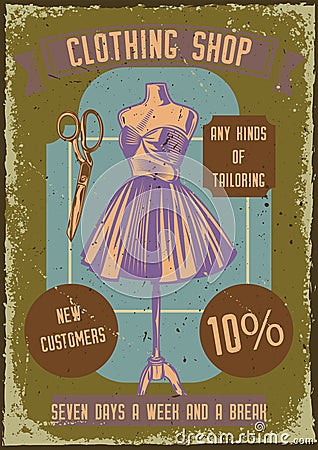 Poster design with illustration of a mannequin with a dress on and scissors on vintage background Vector Illustration