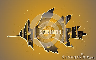 Poster Design of Save Earth, with beautiful autumn forest. Covered by leaf paper cut. Stock Photo