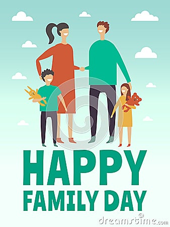 Poster design template with pictures of happy family. Mother, father and little childrens. Stylized vector characters Vector Illustration