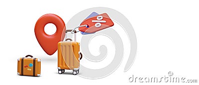 Poster with different bags for travel. Online shopping, buying travel suitcases Vector Illustration