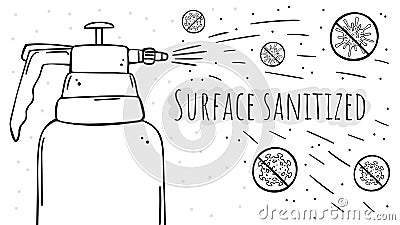 A poster disinfectant spray eliminates viruses. Surface sanitized. Vector Illustration