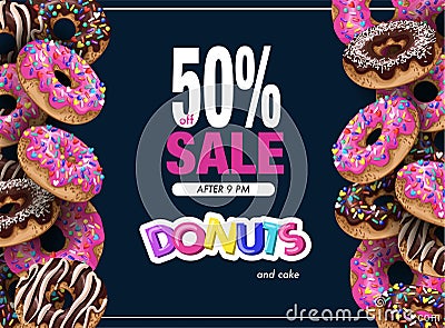 Poster donuts sale with cupcakes pink and chocolate glaze. Vector Illustration