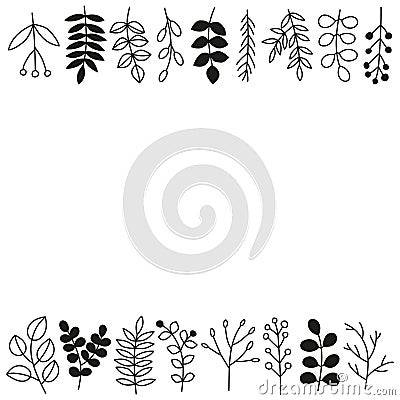 Poster with doodle leafy twigs, wild herbs, plants, berries. Vector Illustration