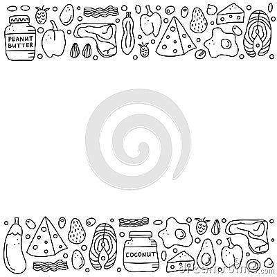 Poster with doodle outline ketogenic foods. Vector Illustration