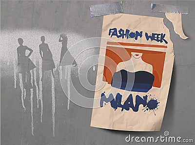 A poster for fashion week in Milan is seen taped to a concrete wall Stock Photo