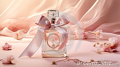 Poster featuring a pink perfume bottle. Adorned with a tasteful bow and a dazzling diamond, Stock Photo