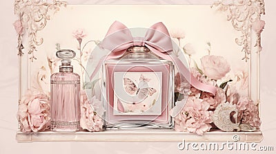 Poster featuring a pink perfume bottle. Adorned with a tasteful bow and a dazzling diamond, Stock Photo