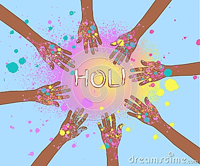 Poster festival happy holi with blue background and dark black hands skin Stock Photo