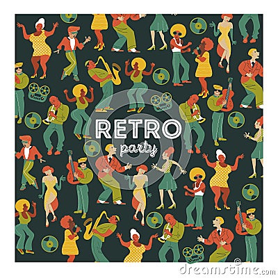 Retro party. Vector poster. Retro style illustration. Music and dance in retro style. Jazz musicians and dancers. Vector Illustration