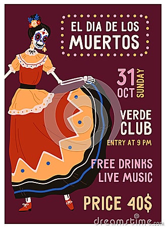 Poster, flyer design for Dia de los Muertos, Day of Dead. Mexican death holiday party, vertical promotion banner Vector Illustration