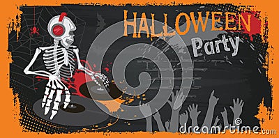 Poster or flyer with DJ skeleton for Halloween party. Disc Jockey with vinyl records in a nightclub. Cartoon Ghost, bones, spider. Vector Illustration