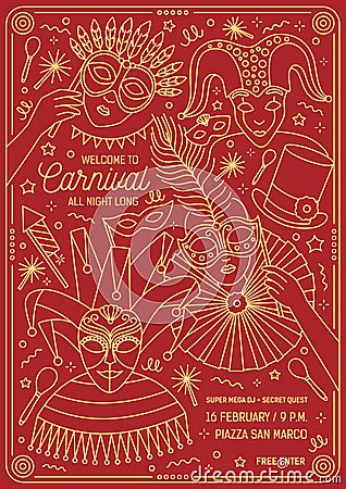 Poster, flyer or invitation template for masquerade ball, carnival, festival or party with characters wearing festive Vector Illustration