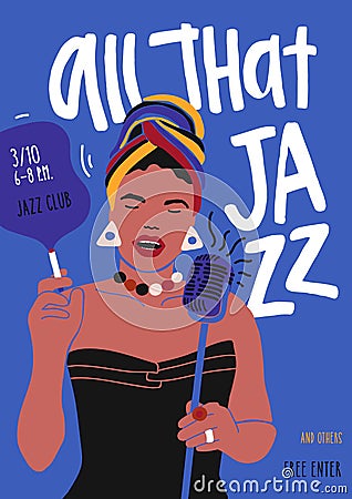 Poster or flyer template for jazz music performance with African American female singer, woman vocalist or soloist with Vector Illustration