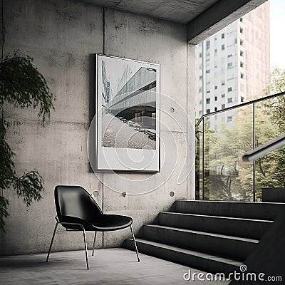 poster in frame on concrete wall, brutalism. Architecture in comunism. Propaganda. Generative AI Stock Photo
