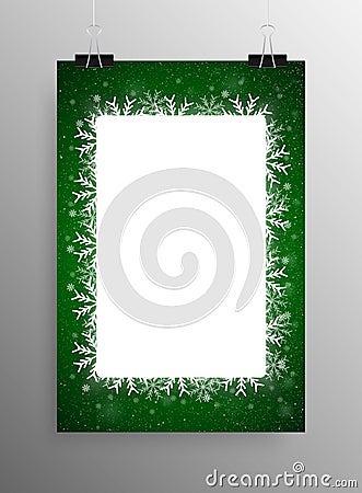 Poster Frame Falling Snow. Green Background. Vector Illustration