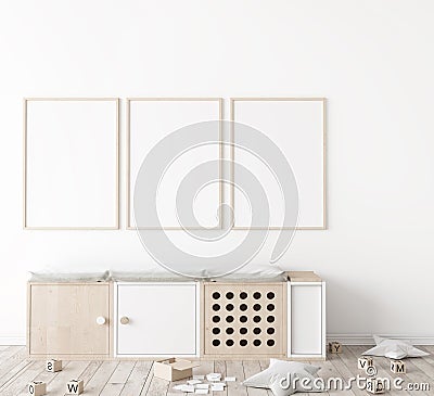 Poster frame mock up in child bedroom, Scandinavian unisex nursery design Stock Photo