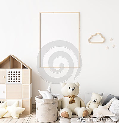 Poster frame mock up in child bedroom, Scandinavian unisex nursery design Stock Photo