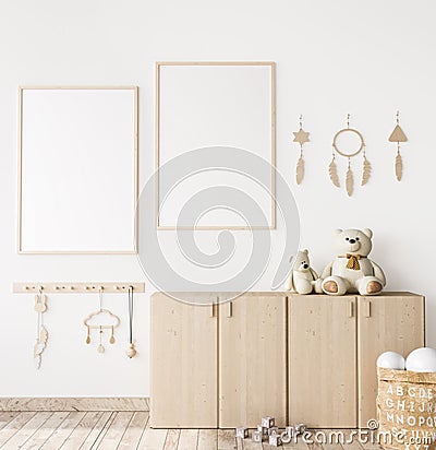 Poster frame mock up in child bedroom, Scandinavian unisex nursery design Stock Photo