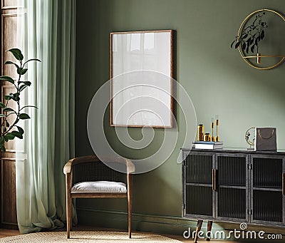 Poster frame mock-up in home interior background with commode, chair and decor in living room Stock Photo