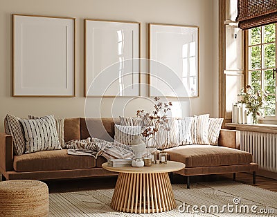 Poster frame mock-up in home interior background, living room in beige and brown colors Stock Photo