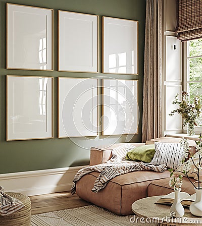 Poster frame mock-up in home interior background, living room in beige tones Stock Photo