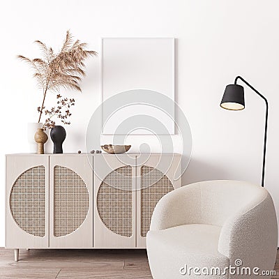 Poster frame mock up in living room interior, modern furniture and wooden decorative rattan cabinet with trendy dried flowers Stock Photo