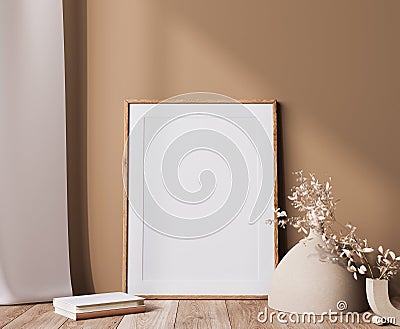 Poster frame mock up in neutral colors interior, wooden frame with dried flowers vase in beige background Stock Photo